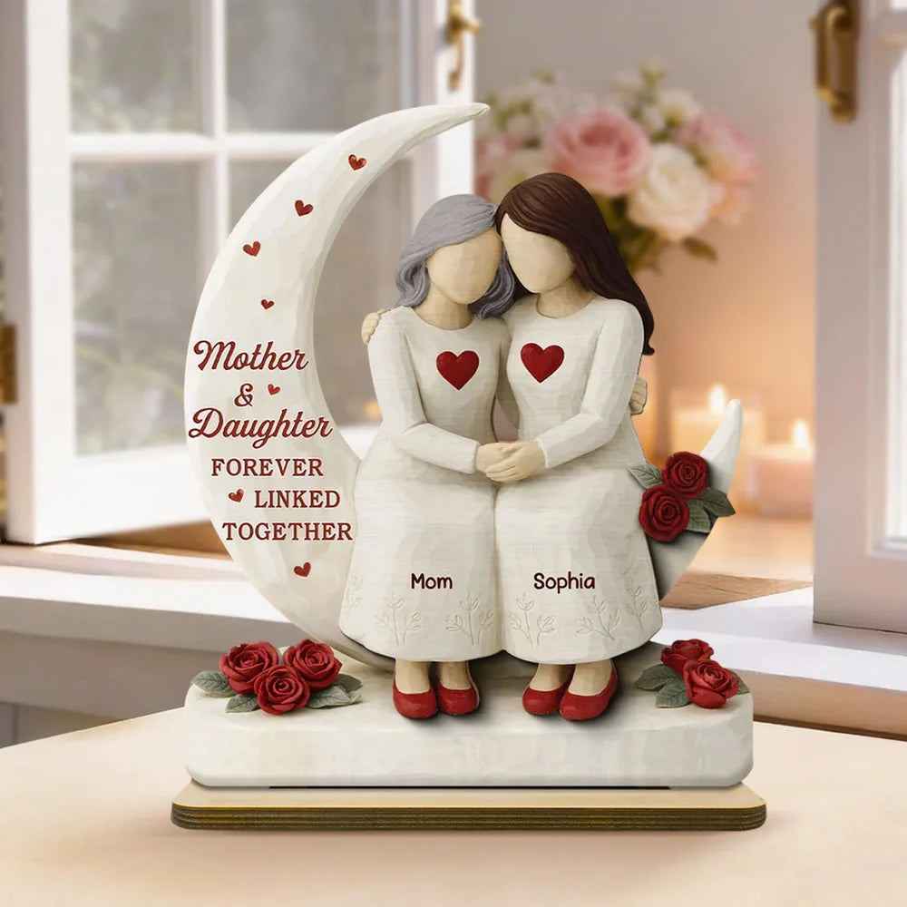 Personalized 2-Layer Wooden Plaque Mother & Daughter Forever Linked Together, Hugging Figurines with Roses, Unique Gift for Mom