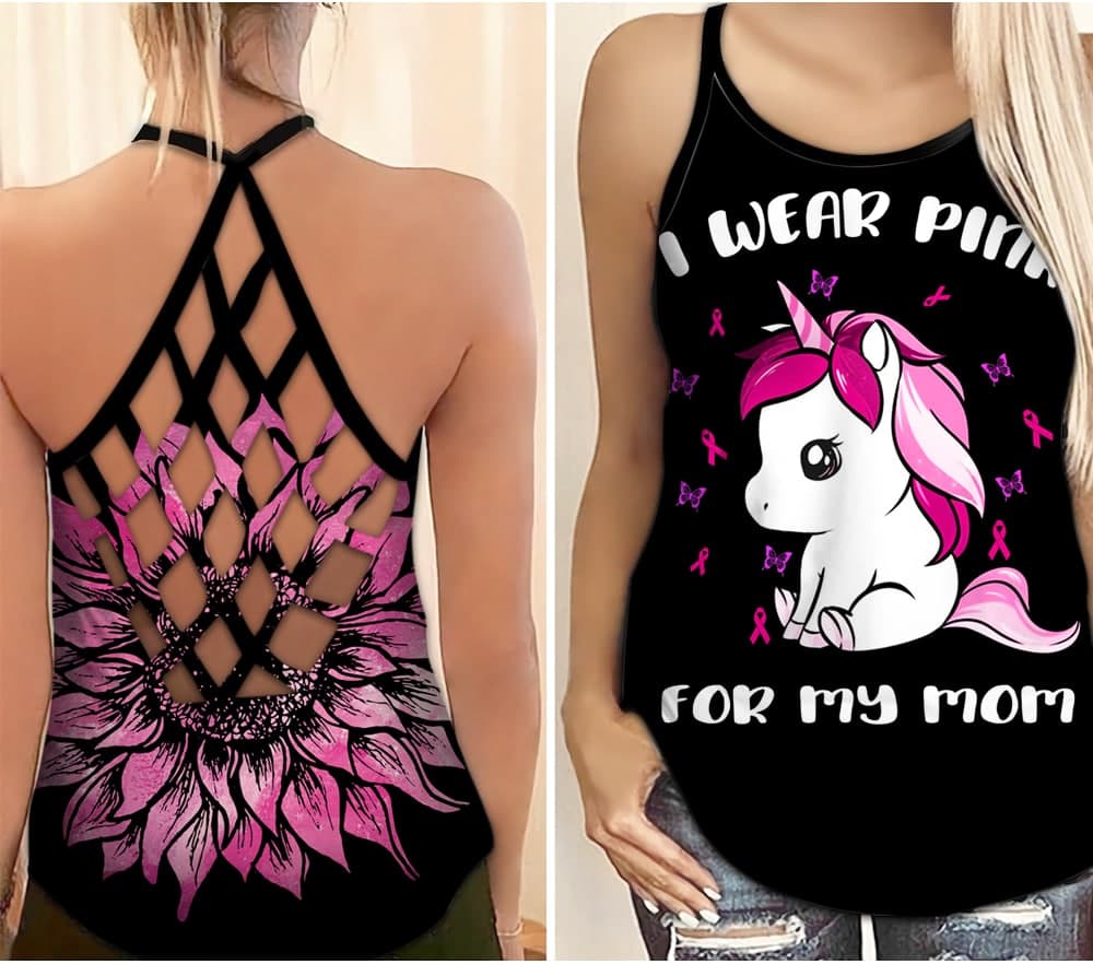 I Wear Pink For My Mom - Breast Cancer Awareness Cross Tank Top 0722