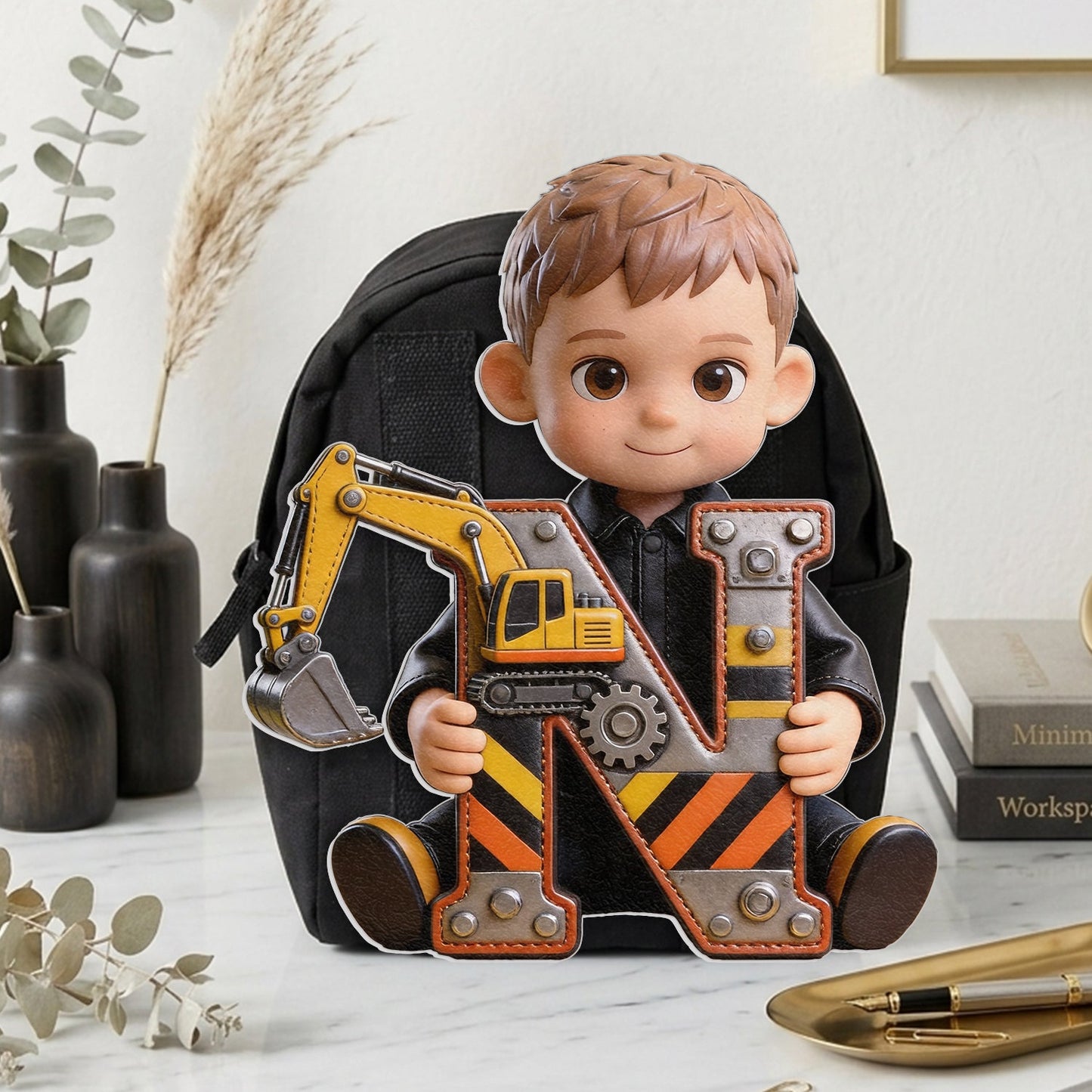 Alphabet Letter Construction Theme - Personalized Kid Changeable Leather Patch Backpack