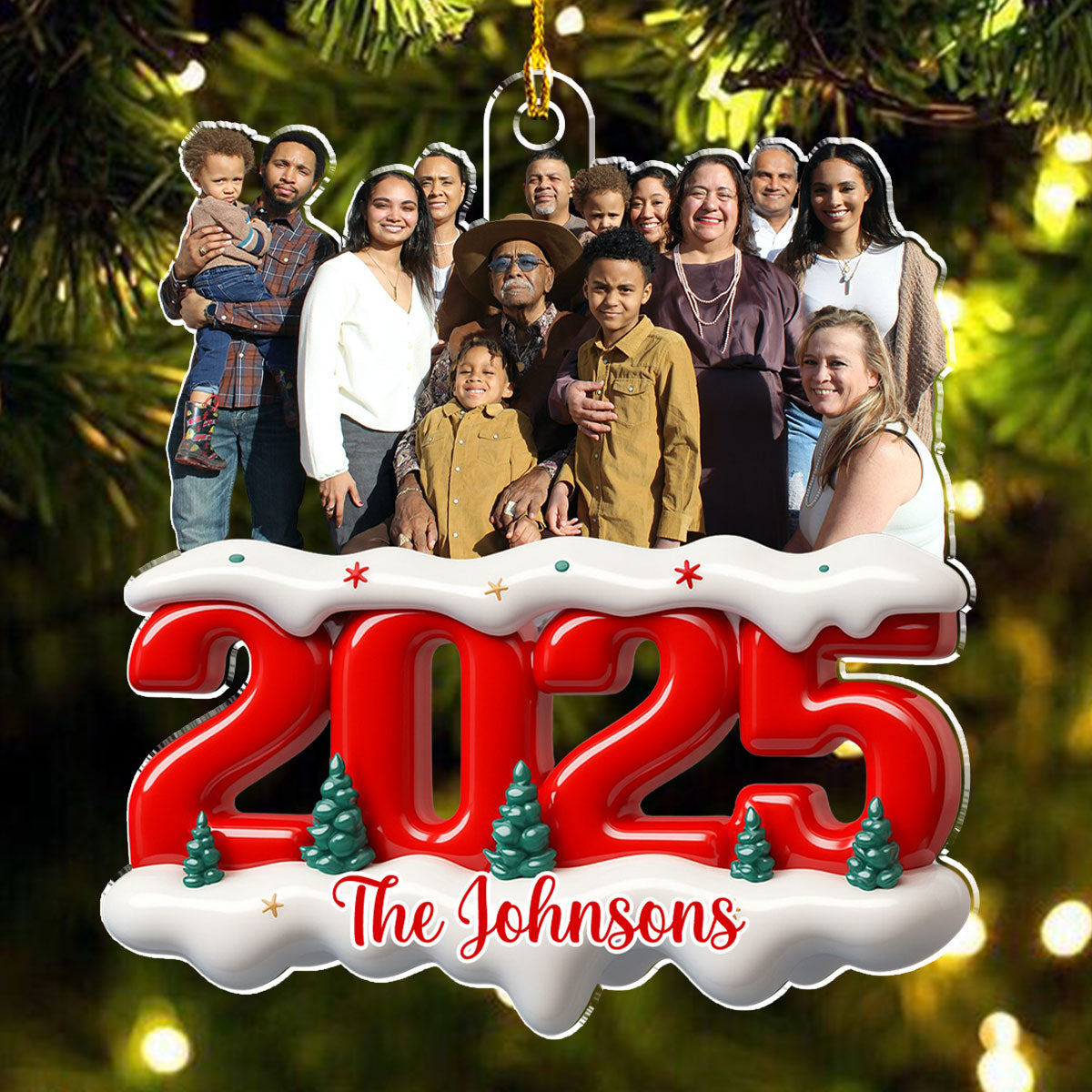Acrylic Ornament with Custom Photo, Snowy Red Number for Christmas Tree Decor — a unique gift for family or parents