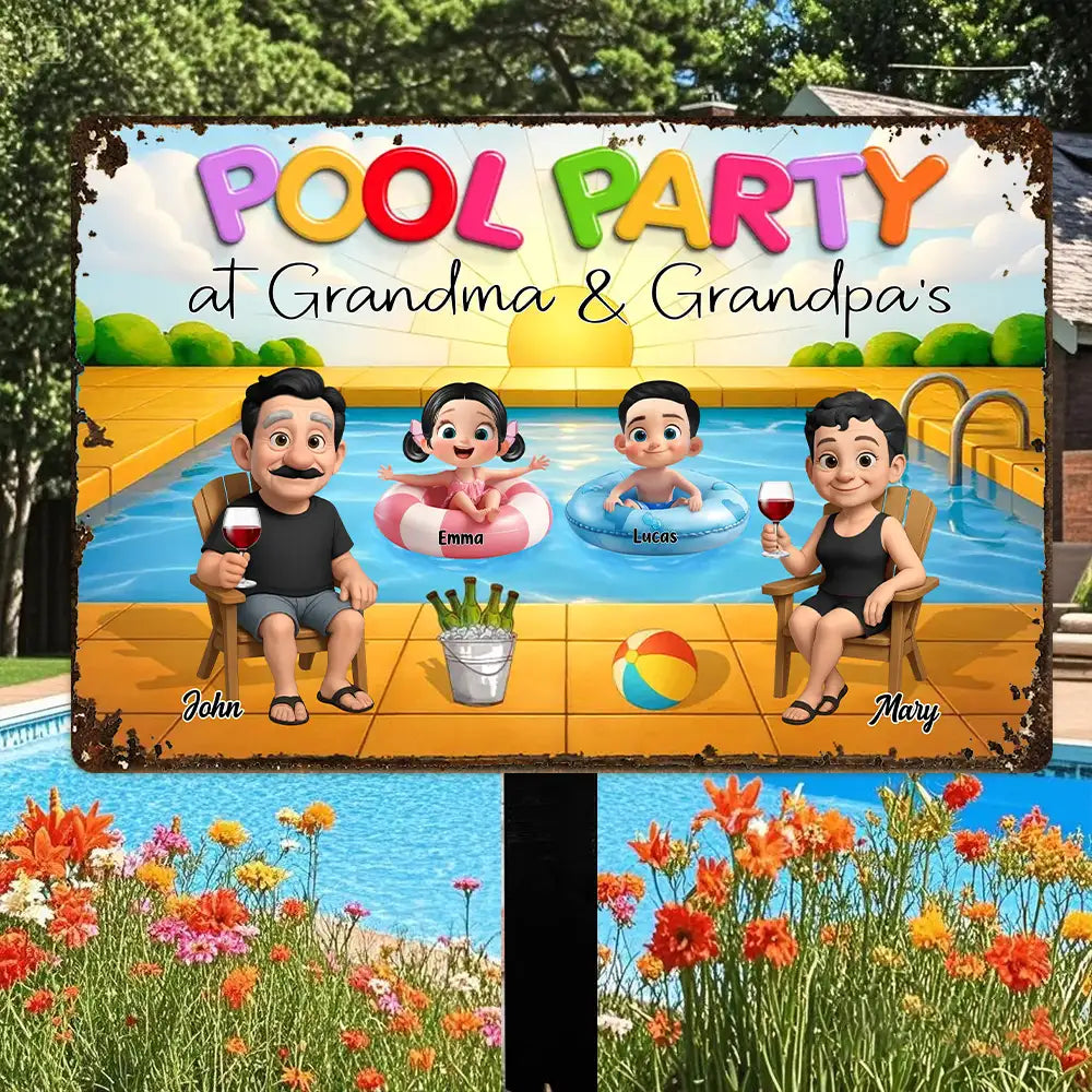 Summer Pool Party Vibes – Personalized Iron Sign with Family Illustration, Gift for Grandma & Grandpa