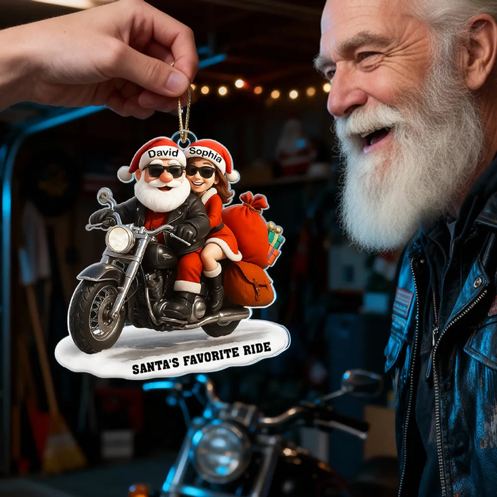 Acrylic Ornament Santa Biker Couple Ride, Christmas Tree Decor, Customizable Keepsake, Unique Gift for Couples