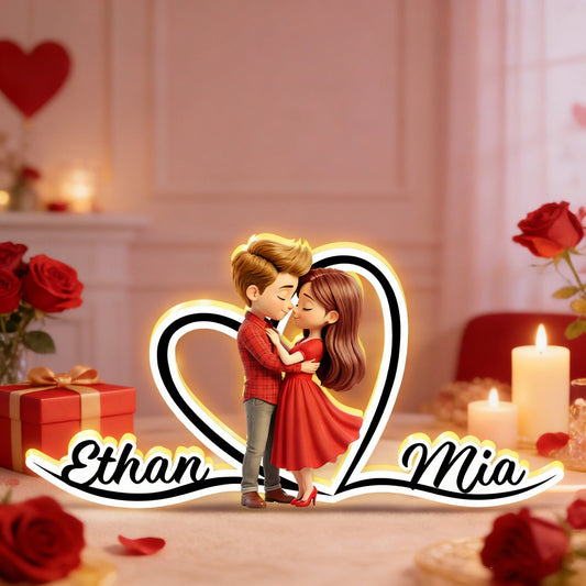Personalized Acrylic Light Box with Kissing Couple and Heart Outline, Warm Glow Bedroom Decor, Unique Gift for Him or Her