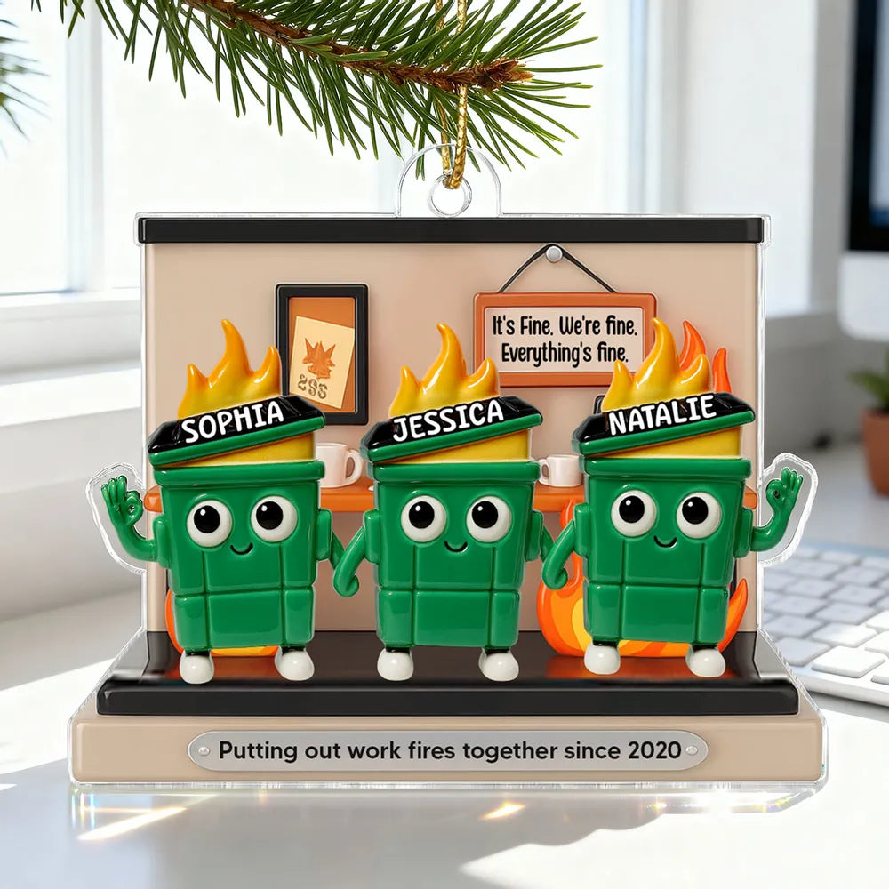 Funny Office Acrylic Ornament With Flaming Trash Cans, Unique Coworker Gift For Desk Or Tree