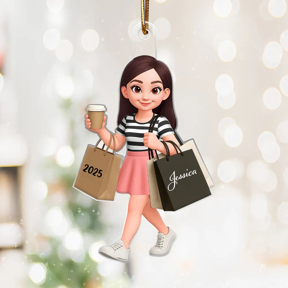 Ornament - Personalized Cute Shopper with Coffee, Cartoon, Easy to Hang, Unique Gift for Best Friend or Daughter