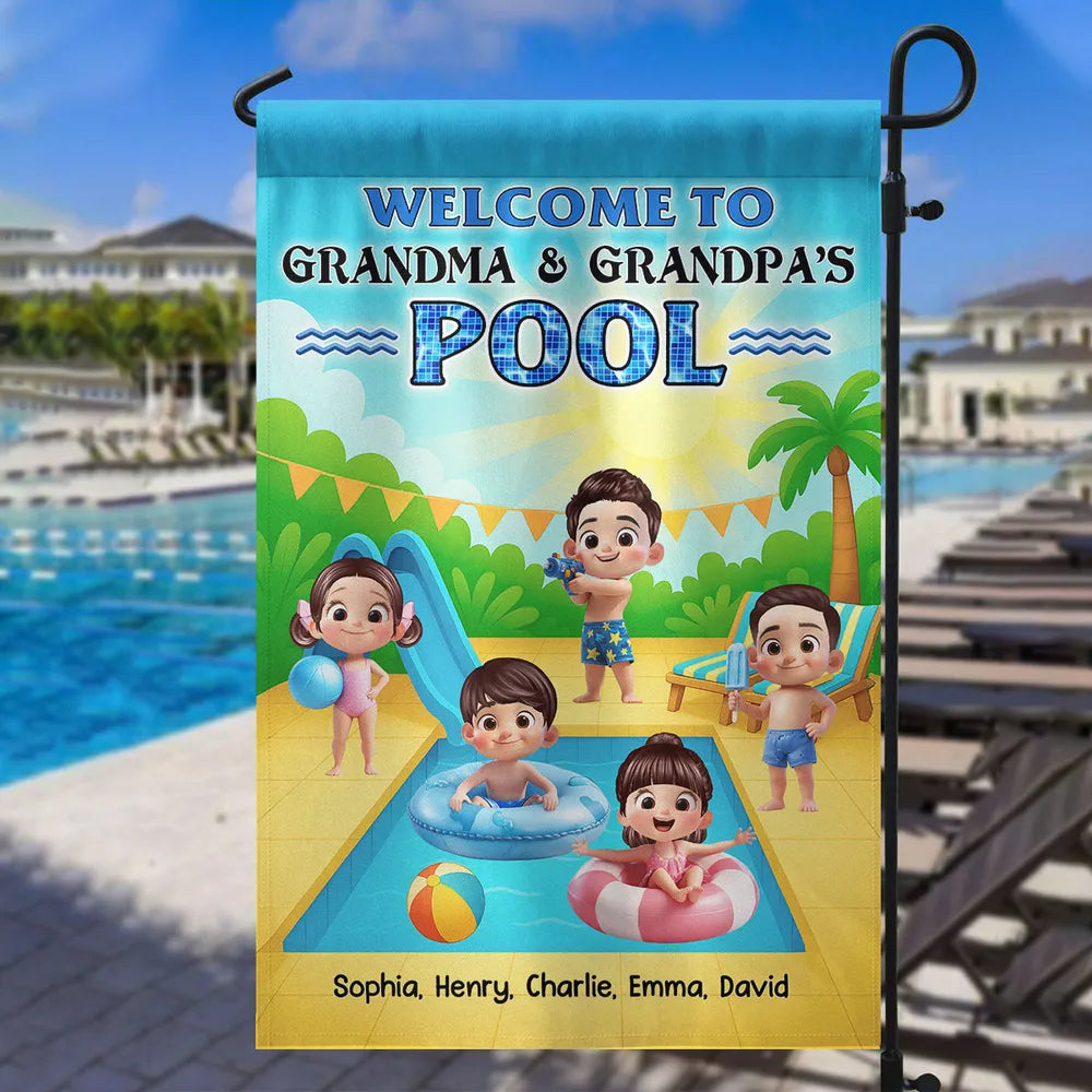 Welcome To Grandma & Grandpa’s Pool Garden Flag – Custom Family Pool Party Decor, Summer Gift for Grandparents from Grandkids