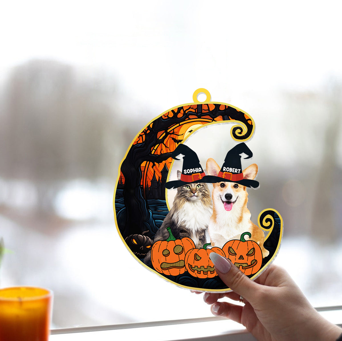 Cute Halloween Pets - Personalized Dog Window Hanging Suncatcher Ornament