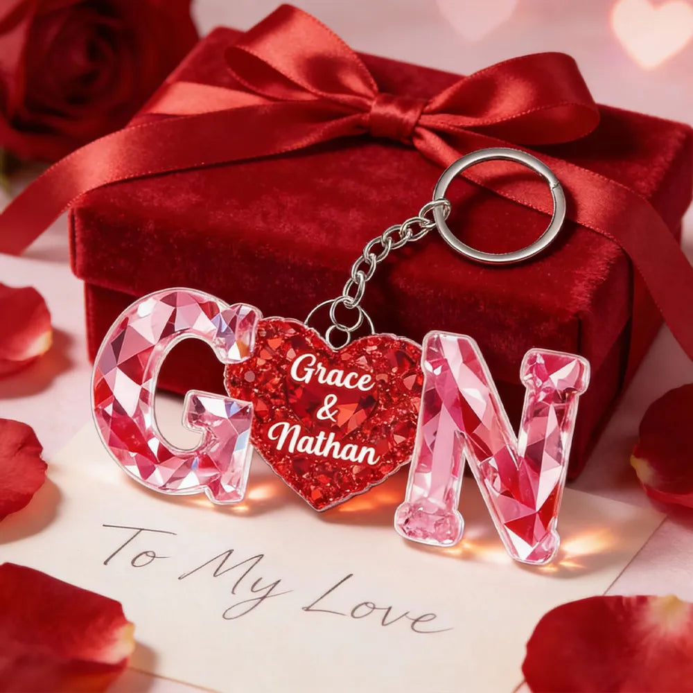 Personalized Heart Keychain with Initials and Names, Romantic Red Sparkle Anniversary Gift for Couples