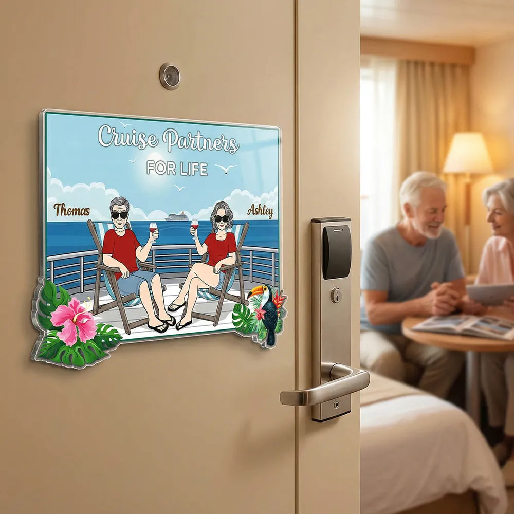 Personalized Acrylic Magnet Cruise Partners For Life, Relaxing Couple on Deck, Unique Cruise Door Gift