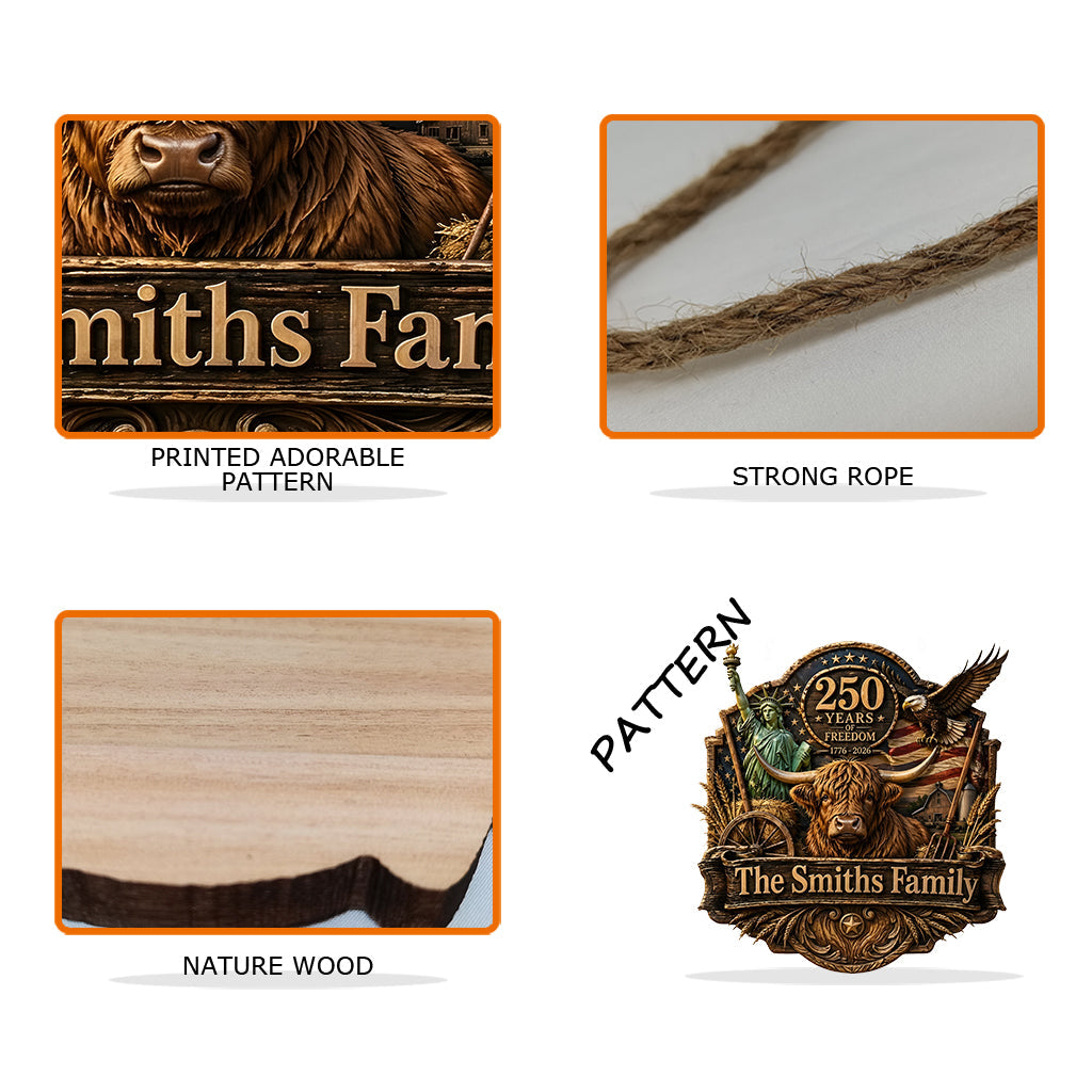 Celebrate 250th Anniversary, Highland Cow Lovers, Farmer Gift - Personalized Highland Cow Shaped Wood Sign With Sash