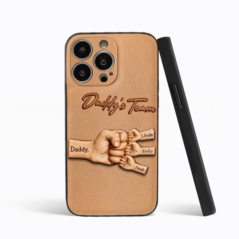 Daddy's Team - Personalized Father 3D Embossed Leather Phone Case