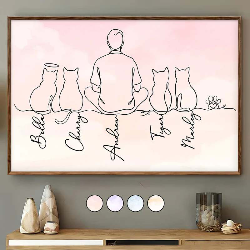 Minimalist Line Art Poster of Cats and Woman, Warm Pink Tone, Cozy Wall Art, Thoughtful Gift for Friendship and Home