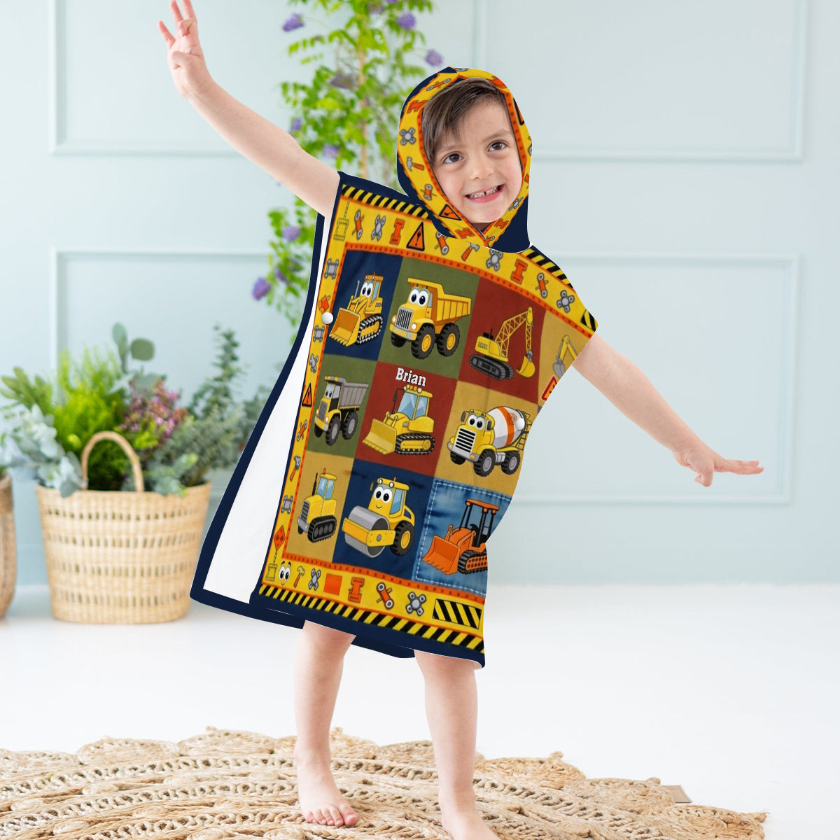 Construction Machines - Personalized Kid Hooded Towel Poncho
