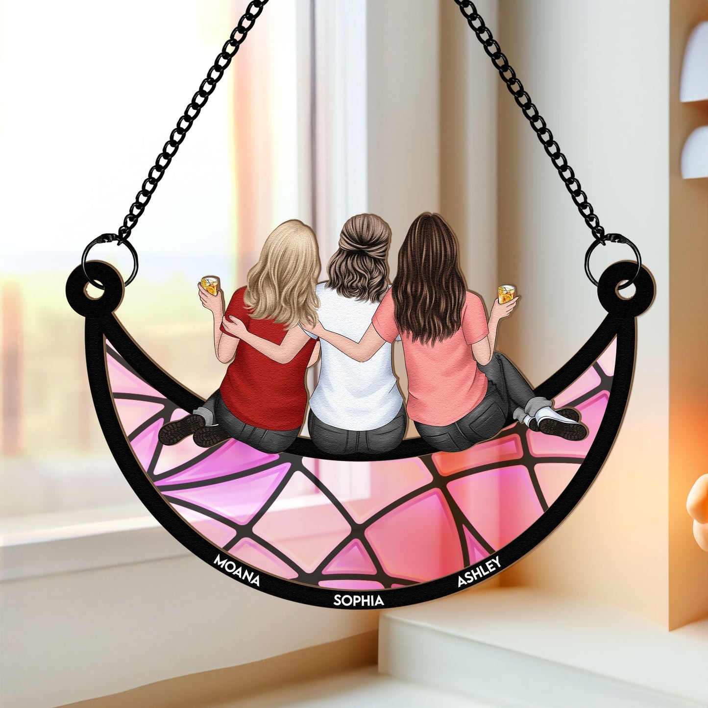 Back View Girls on Moon – Custom Friendship Ornament with Names and Outfits