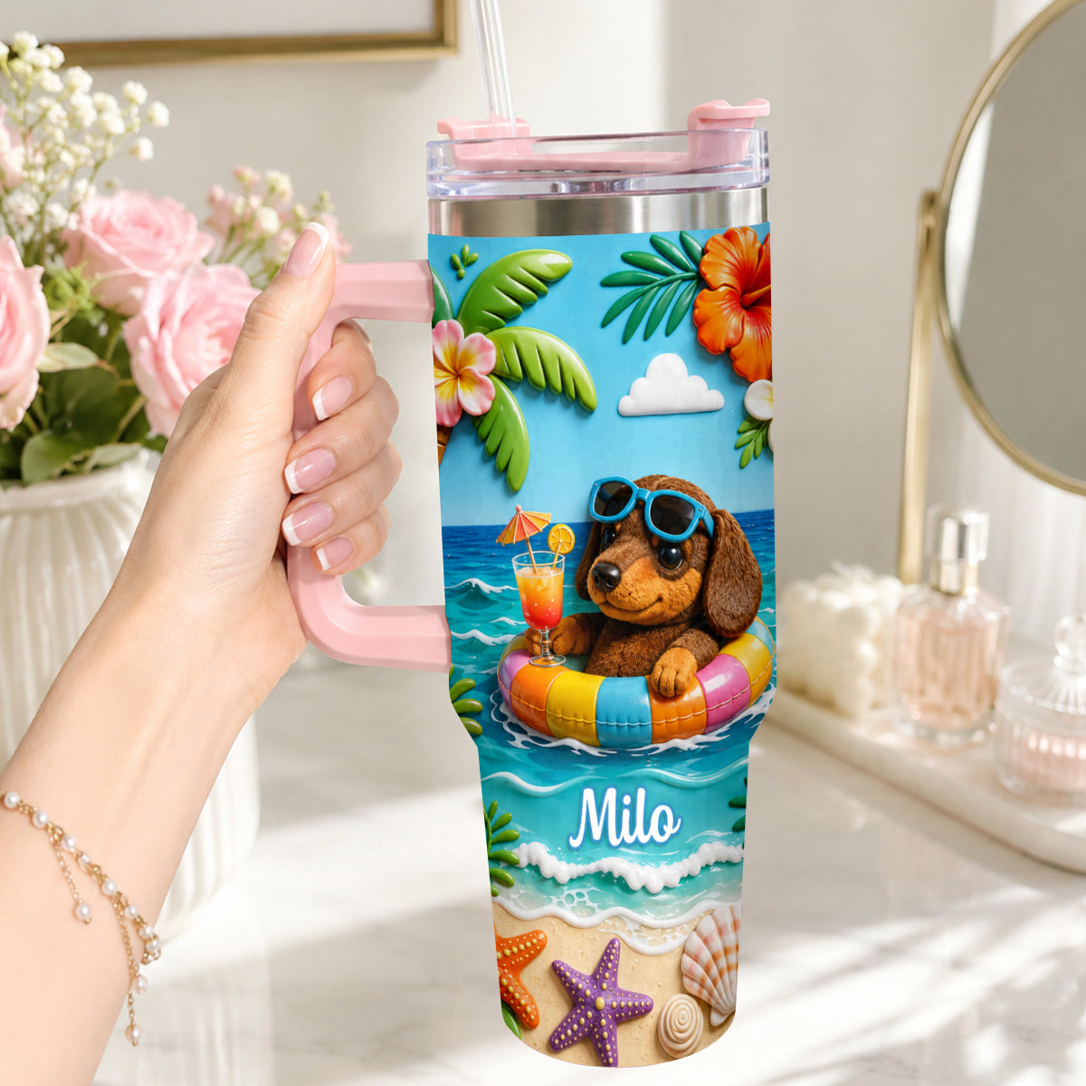 Any Photo Summer Vibes - Personalized Dog Tumbler With Plush Charm