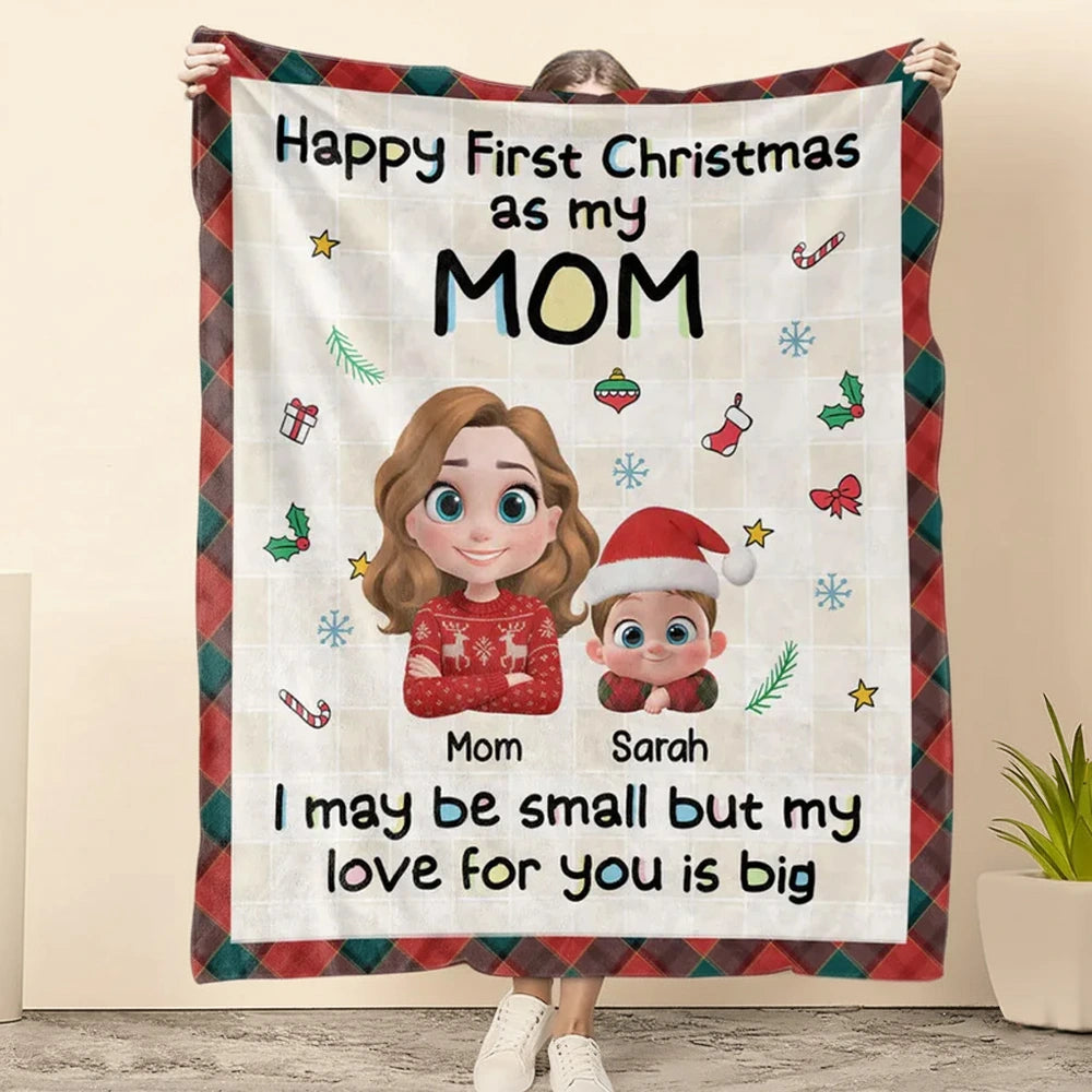 Personalized Fleece Blanket for First Christmas as My Mom, Cute Cartoon Design, Cozy Keepsake & Unique Gift
