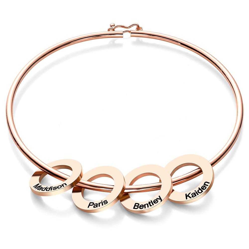 Any Name - Personalized Family Bangle Bracelet with Heart/Round Pendants