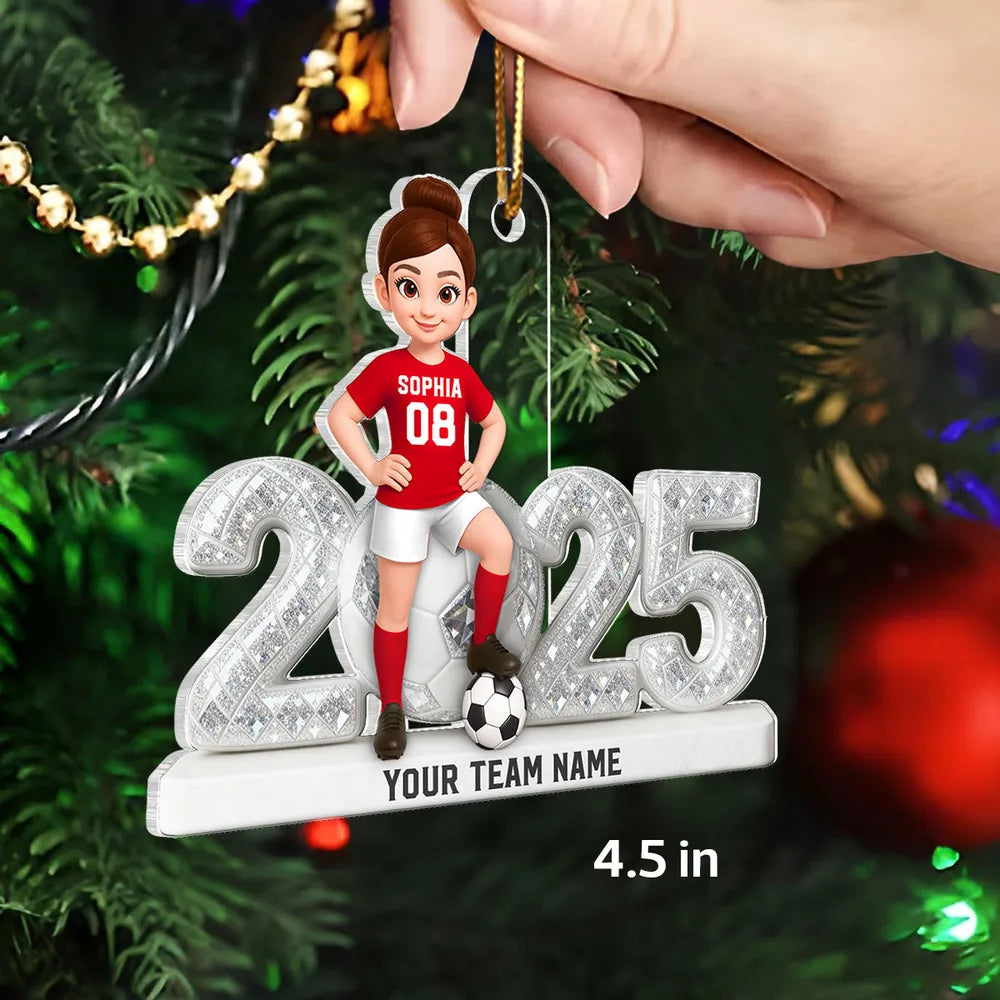 Acrylic Ornament - Custom Soccer Player with Ball, Stadium Lights & Snowflakes - Unique Gift for Players & Coaches