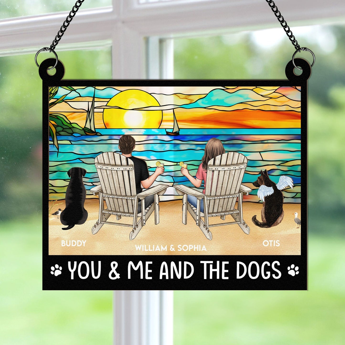 You & Me and the Dogs Mountain Sunset Wood and Acrylic Ornament – Personalized Gift for Couples and Dog Lovers