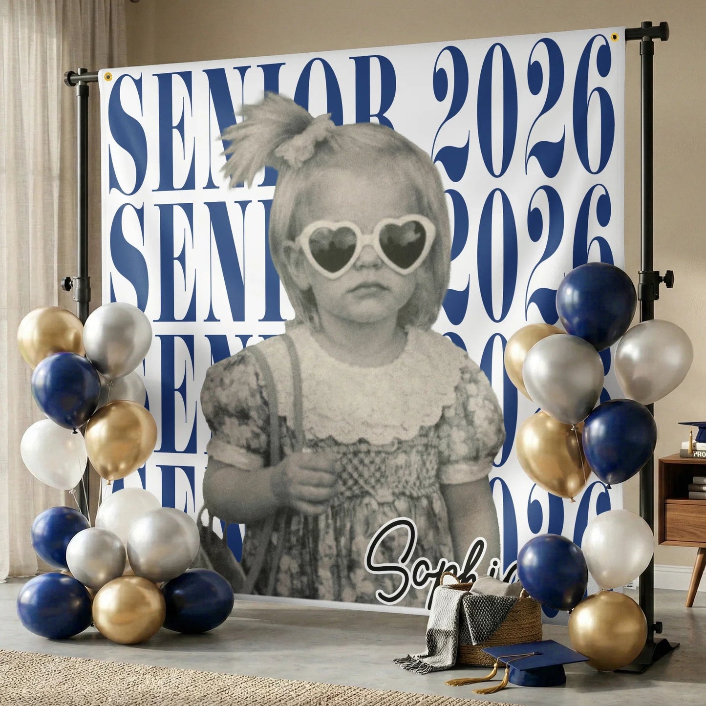 Personalized Graduation Backdrop Banner With Vintage Photo Look, Blue Class Celebration Decor, Unique Creative Gift
