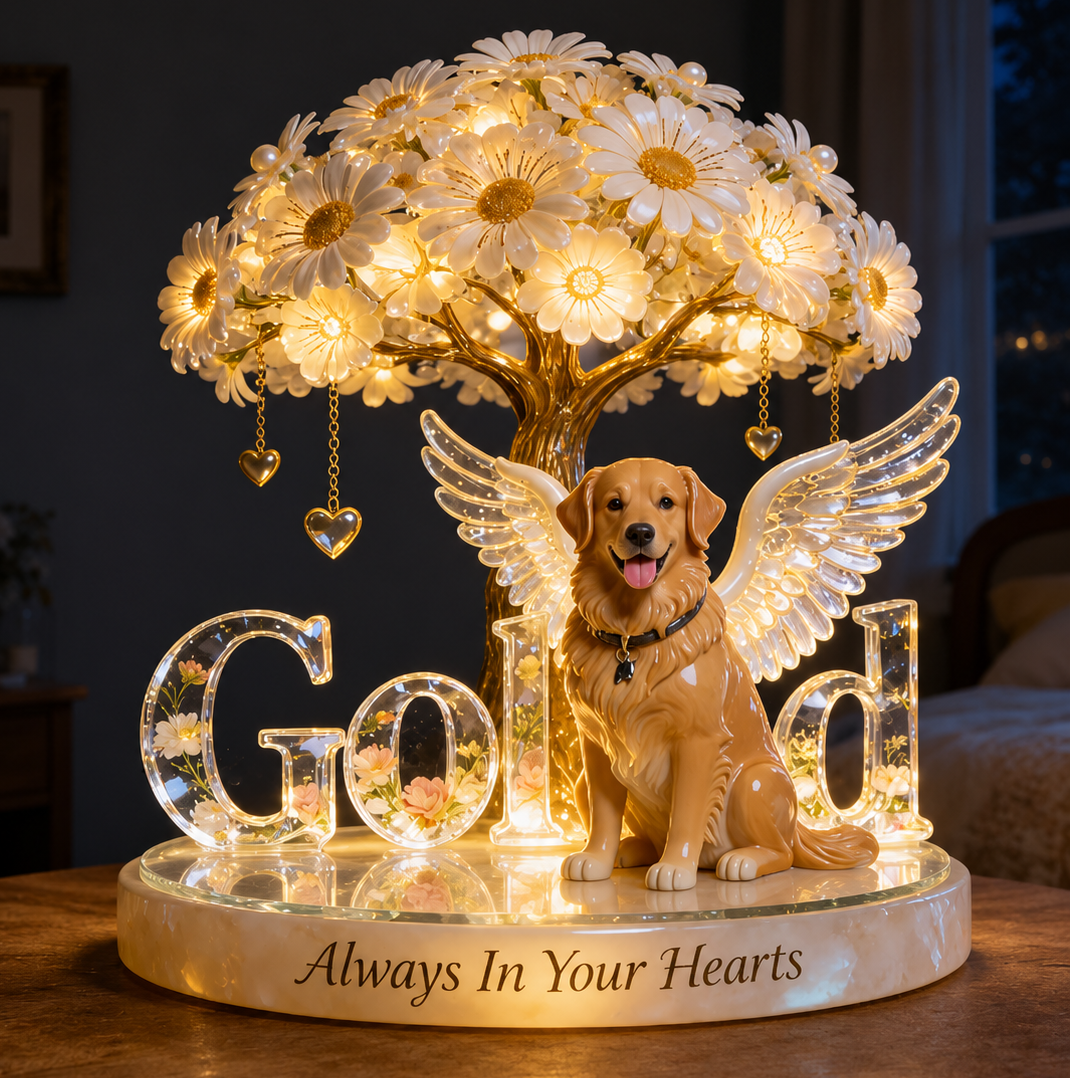 Custom Always In Our Hearts Angel Wings Figurine, Personalized Golden Retriever Memorial Tree Lamp Statue, Dog Loss Sympathy Night Light