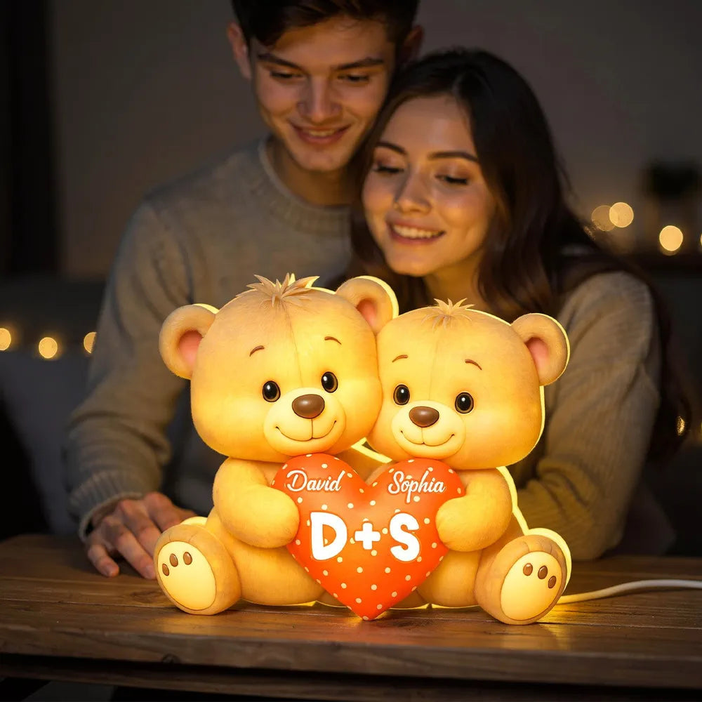 Personalized Acrylic Light Box Cute Bear Couple Holding a Heart Bedroom Lamp with Warm Glow Unique Gift for Couples