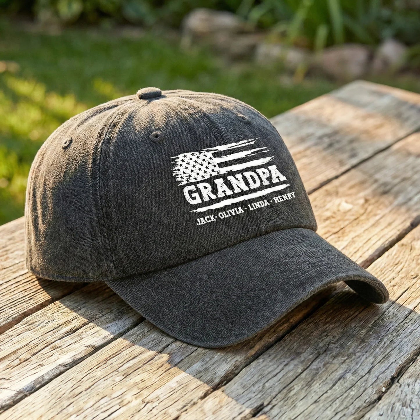 Personalized Washed Denim Baseball Cap with Distressed USA Flag Grandpa Design, Unique Father's Day Gift