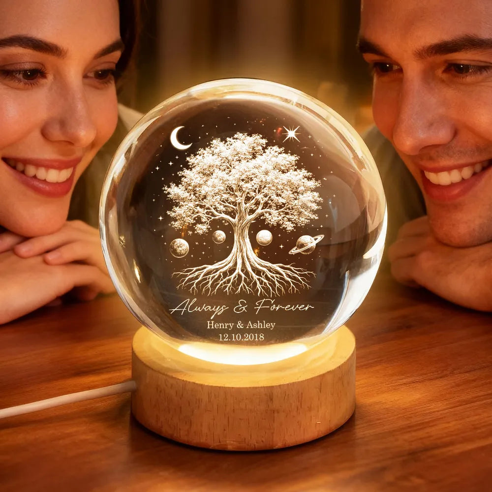 Personalized Globe Lamp with Tree of Life & Starry Night Design, Cozy Bedside Decor, Unique Gift for Couples