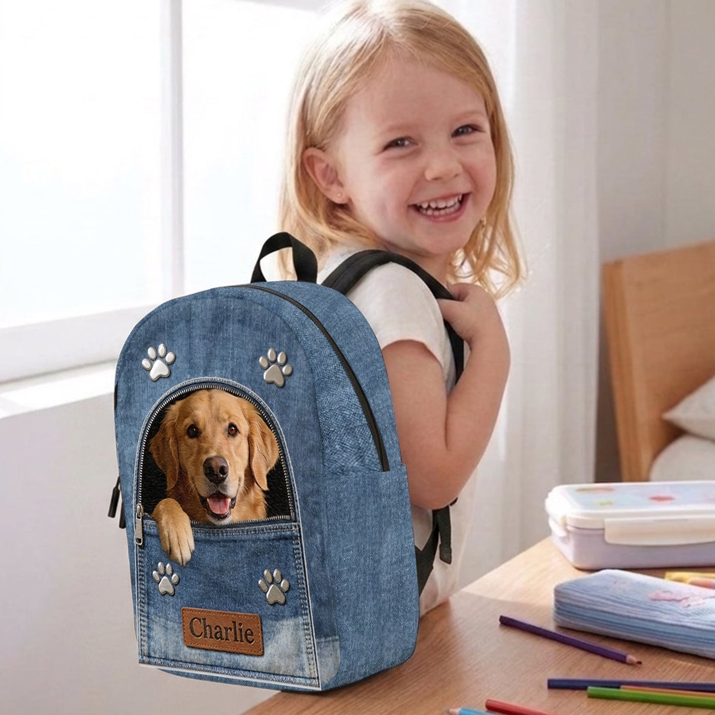 Any Photo Personalized Denim Dog Backpack - Personalized Dog Changeable Leather Patch Backpack