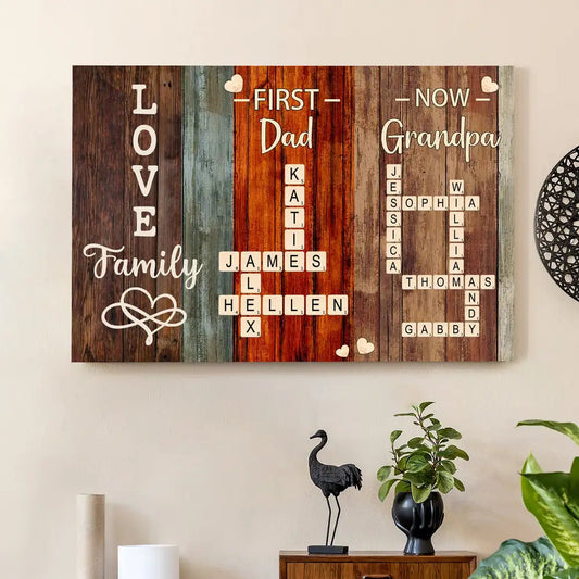 “First Dad, Now Grandpa” Rustic Crossword Poster – Personalized Family Names, Father’s Day Wall Art
