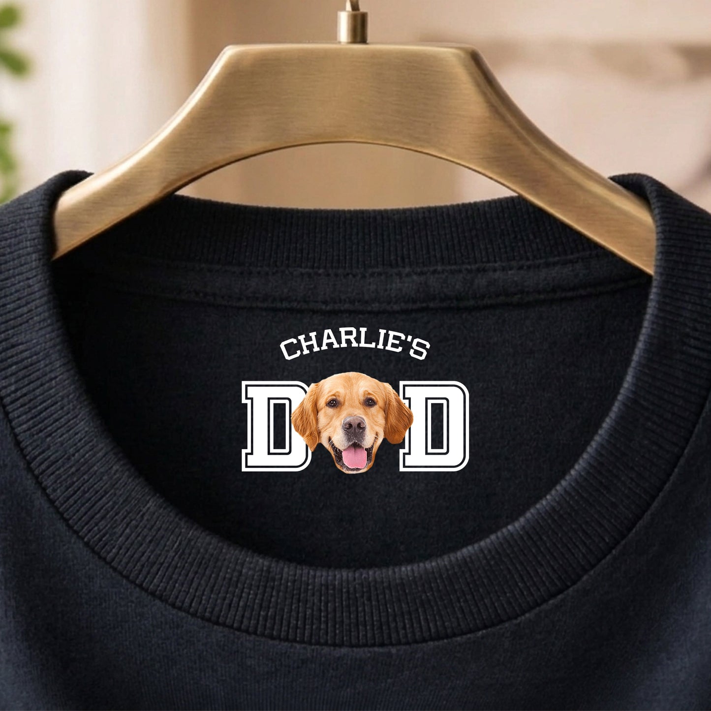 Custom Dog Dad Classic Tee With Pet Photo Neck Print, Navy Minimal Look, A Sweet Unique Gift for Pet Parents
