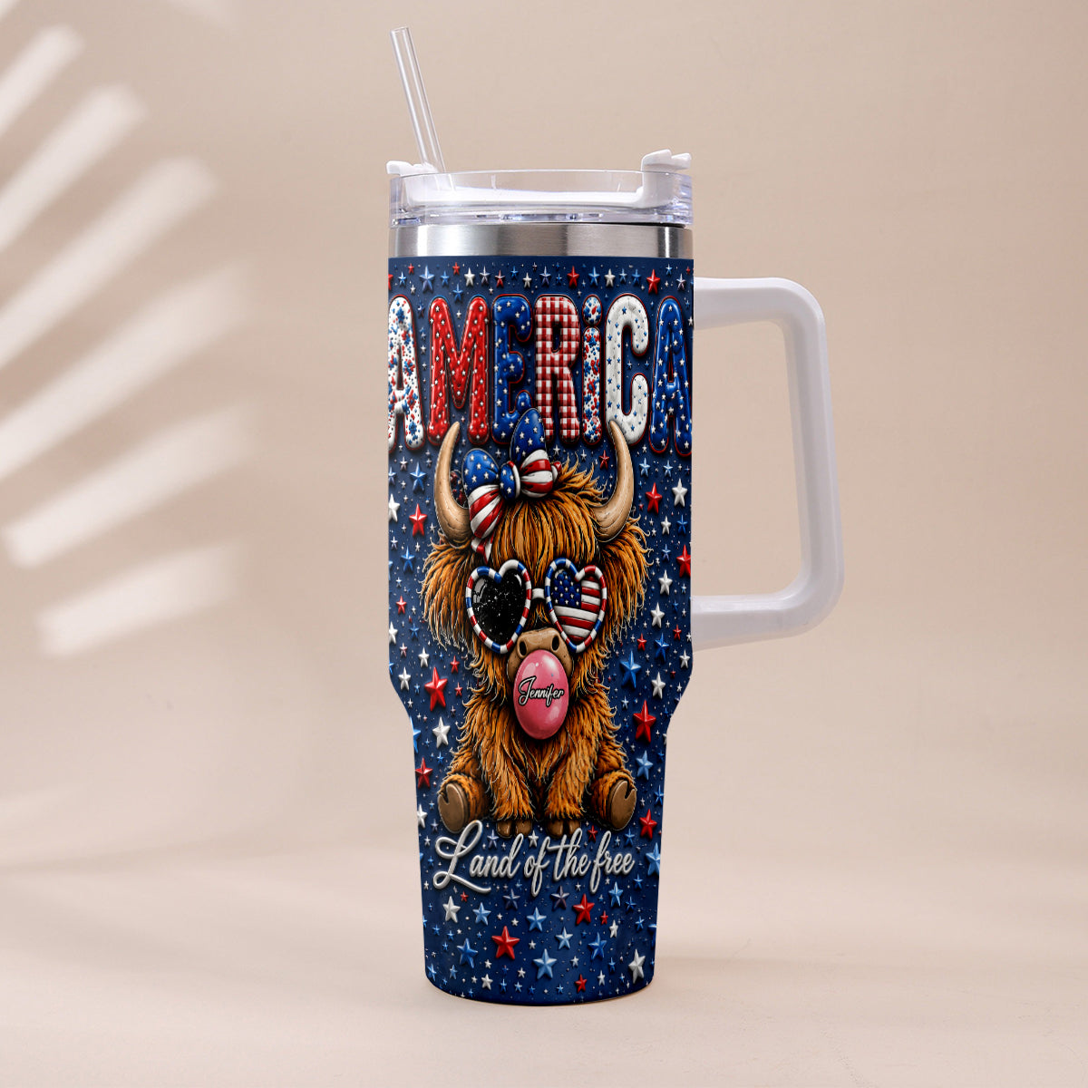 Land Of The Free - Personalized Highland Cow Tumbler With Plush Charm
