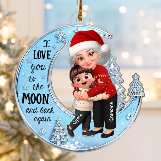 Acrylic Ornament - Grandma & Grandkid on Crescent Moon, Cute Christmas Scene, I love you to the moon and back, unique gift