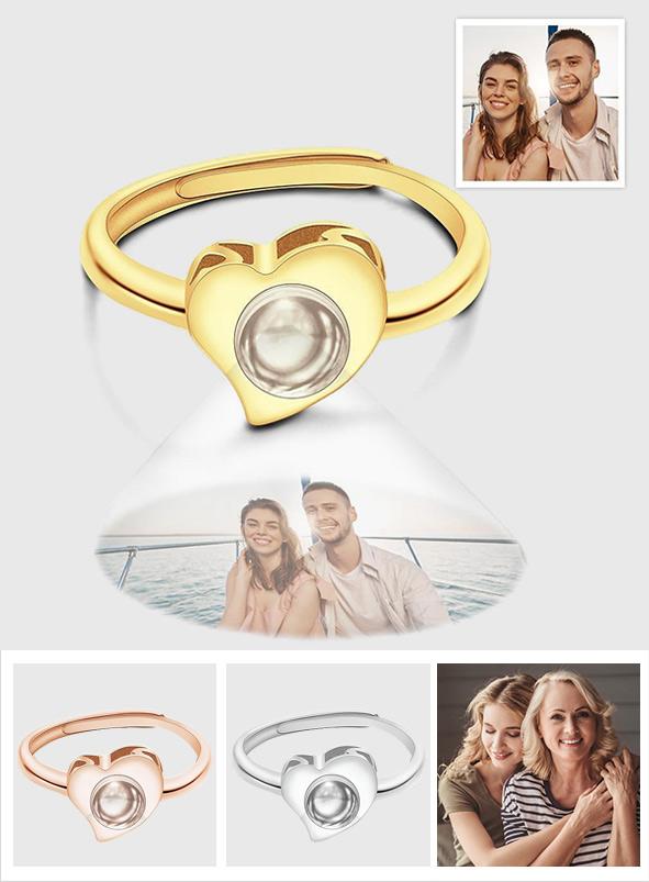 I Love You - Personalized Couple Silver Heart-shaped Photo Projection Open Ring