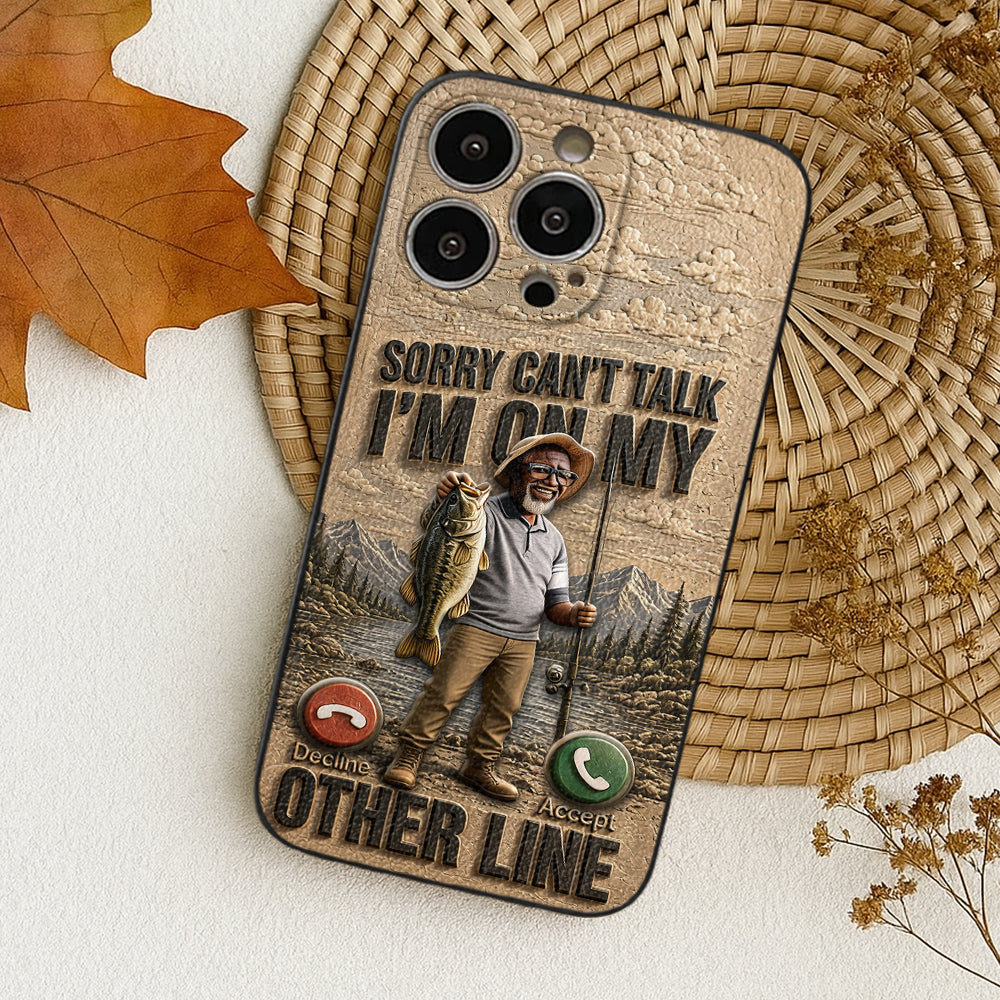 I'm On My Other Line, Fishing Lover Gift - Personalized Fishing 3D Embossed Leather Phone Case