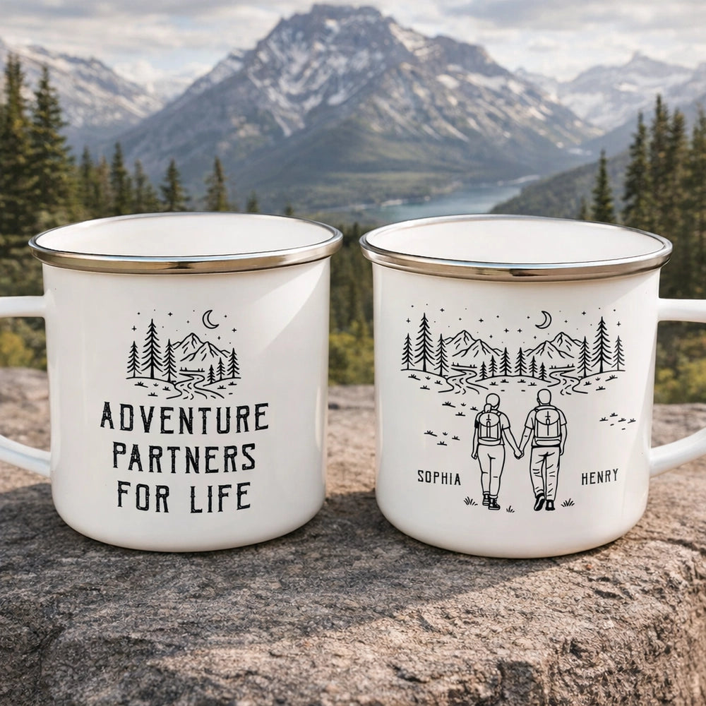 Personalized Enamel Mug Adventure Partners For Life Hiking Couple Gift, Minimal Mountain Line Art