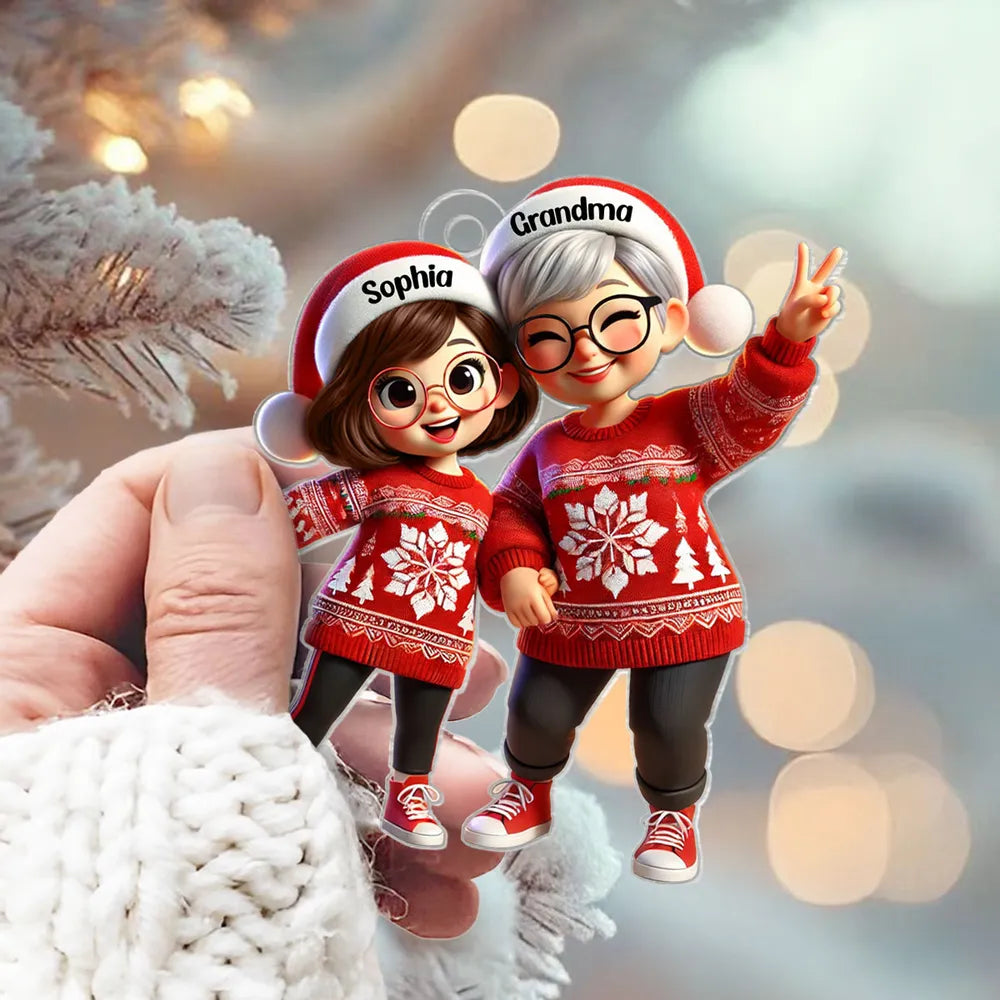 Festive Acrylic Ornament – Grandma & Me, Peace-Sign Pose, Personalized Holiday Gift
