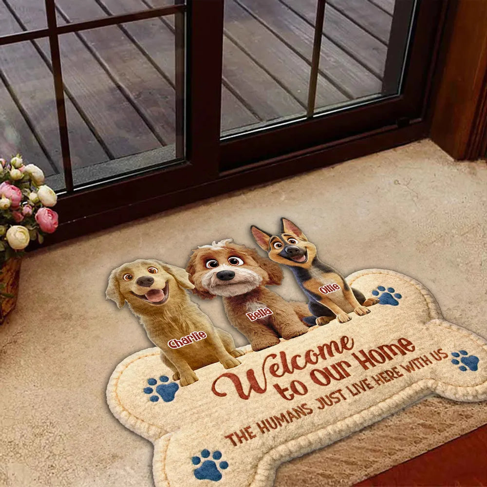 Shaped Doormat Welcome to Our Home The Humans Just Live Here with Us Personalized Funny Dog Decor Unique Gift
