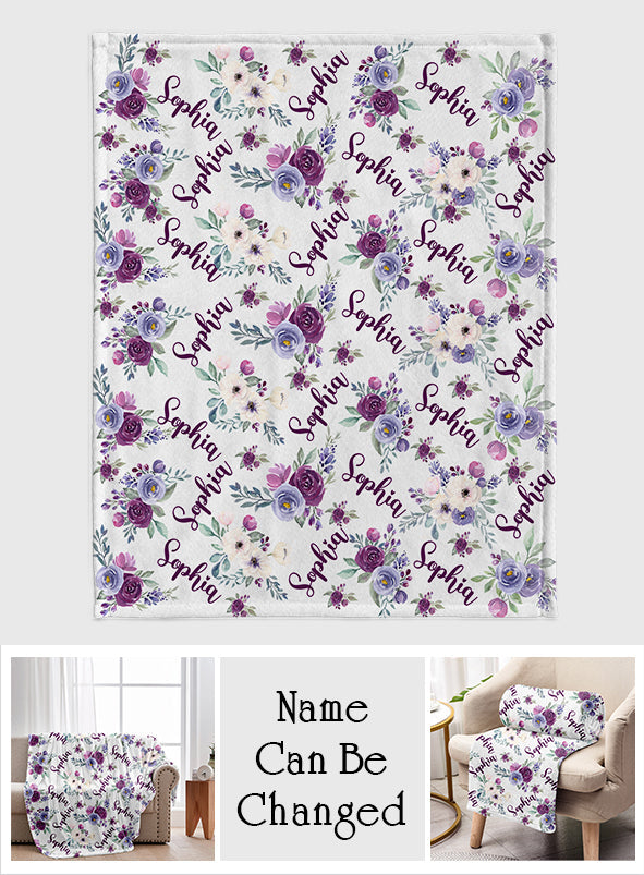 Custom Name Purple Flowers - Personalized Sibling Blanket