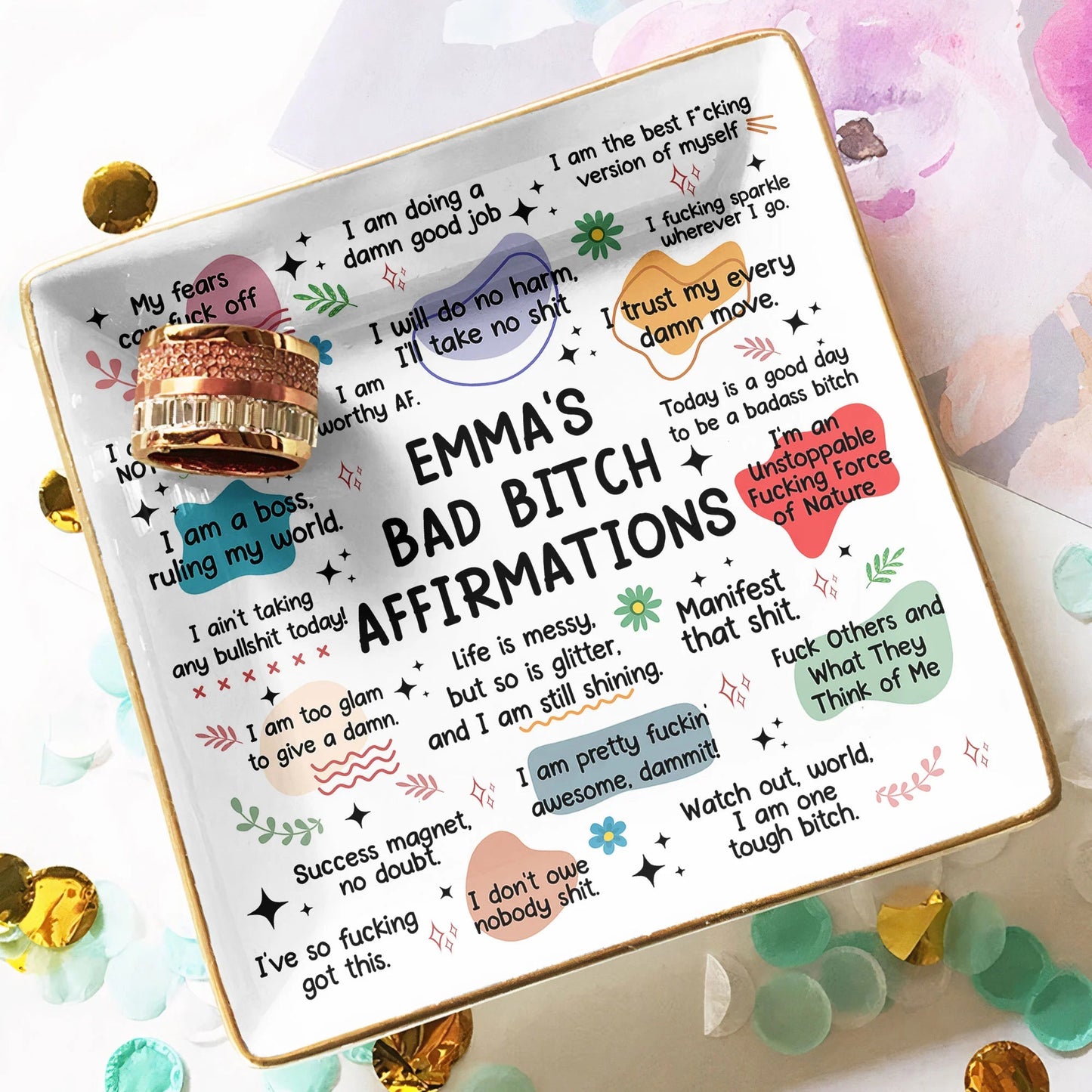 Jewelry Dish Featuring Bold Swear Affirmations Design, Refined Texture, Unique Keepsake Gift