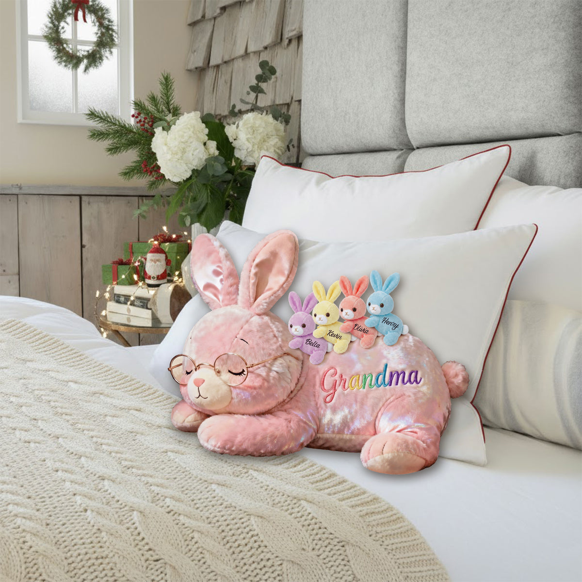 Grandma Bunny with Baby Bunnies - Personalized Grandma Faux Fur Shaped Pillow