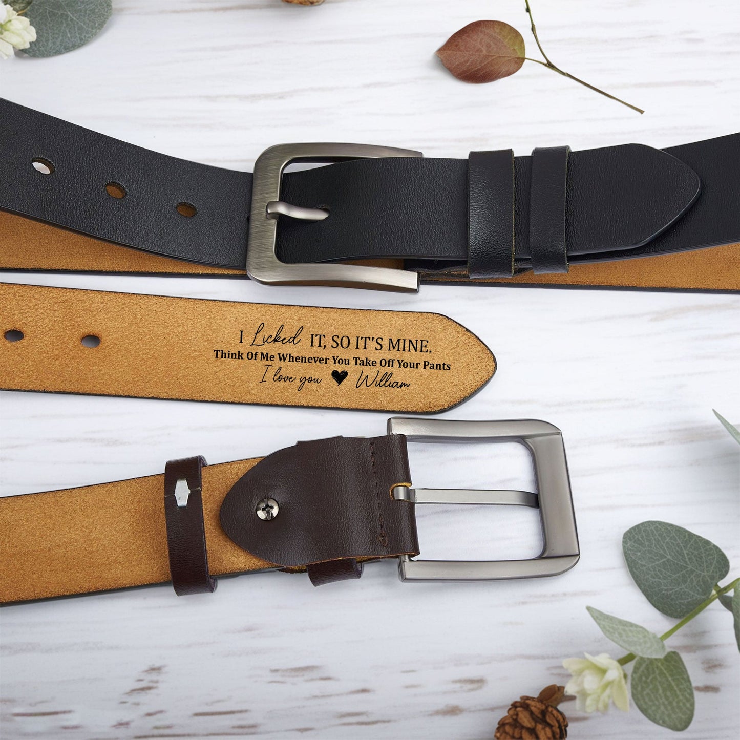 "Personalized Leather Belt – 'I Licked It, So It’s Mine' Custom Message – A Fun and Romantic Gift for Valentine’s Day or Special Occasions"