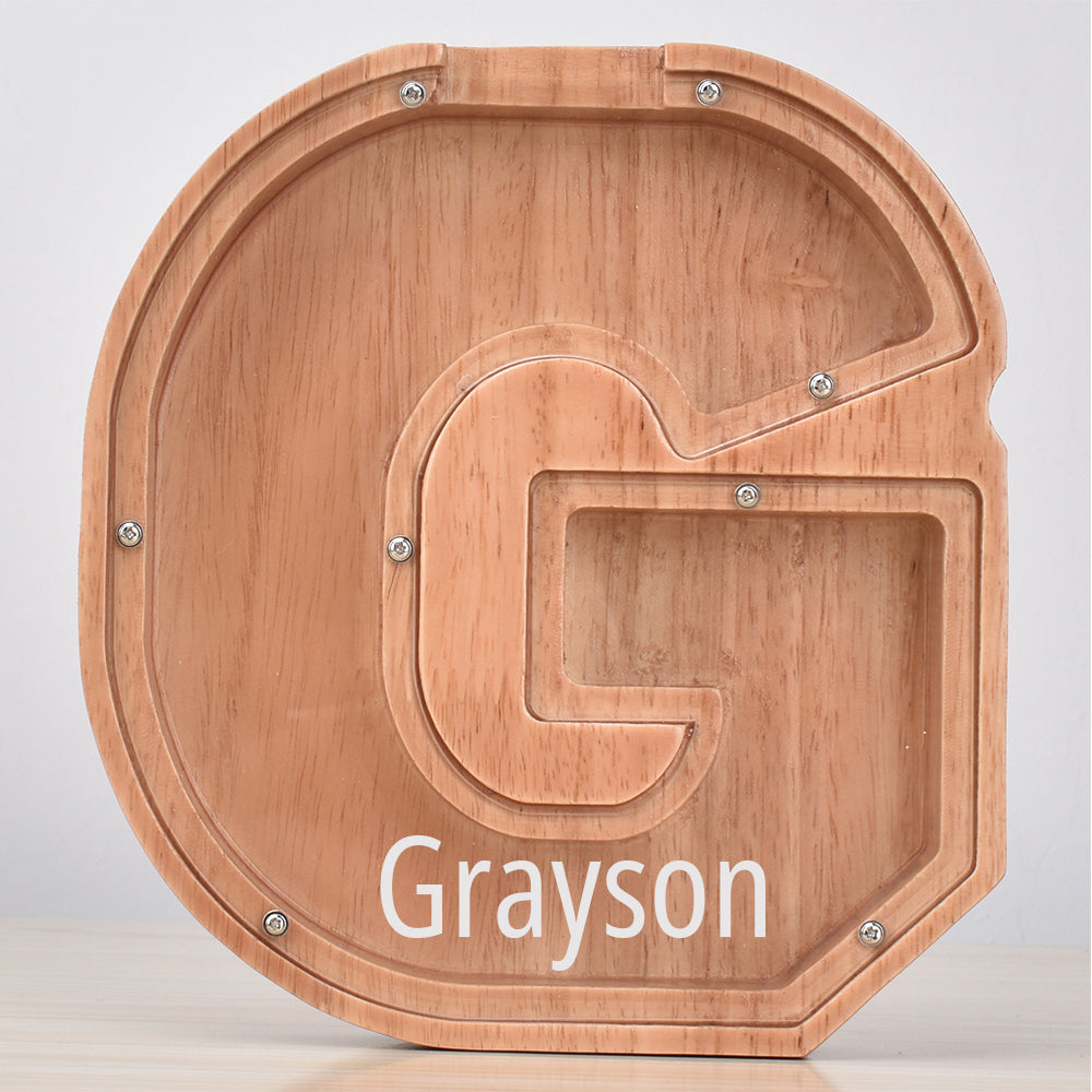 Custom Initial And Name - Personalized Letter And Name Oak Wooden Piggy Bank