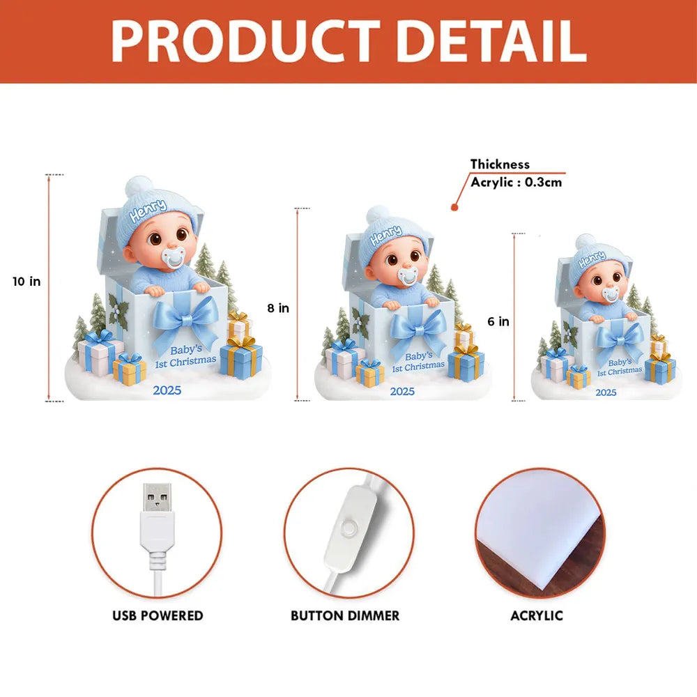 Personalized Acrylic Light Box for Baby's First Christmas – Cute Gift Box Scene, Warm Glow Nursery Lamp, Unique Keepsake Gift for New Parents