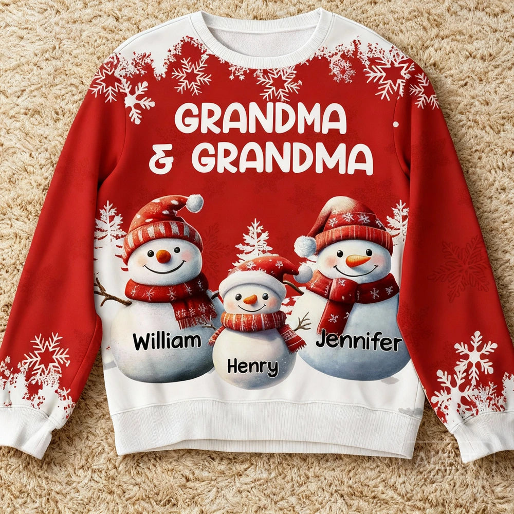 Personalized Printed Sweatshirt for Grandma and Grandpa with Cute Snowman Family Art, Cozy Christmas Keepsake & Unique Grandparent Gift