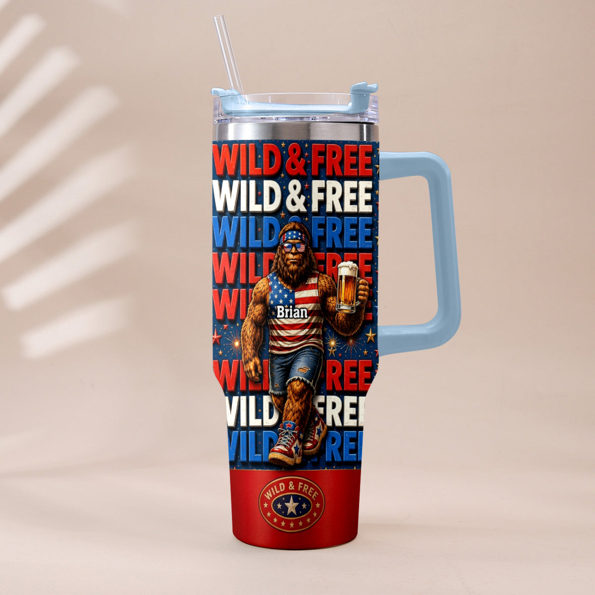4th of July, Bigfoot Independence Day - Personalized Bigfoot Tumbler With Handle