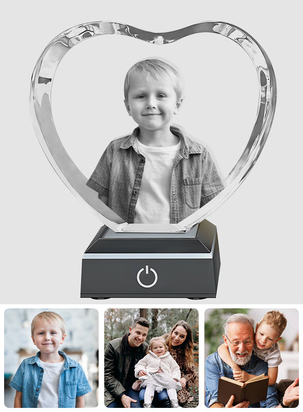 Custom Photo - Personalized grandson Laser Engraving 3D Heart Shaped Crystal Lamp