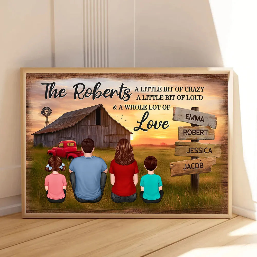 Custom Rustic Farm Family Poster Sunset Barn and Kids with Dog Cozy Country Decor Unique Father's Day Gift