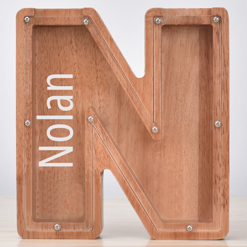 Custom Initial And Name - Personalized Letter And Name Oak Wooden Piggy Bank