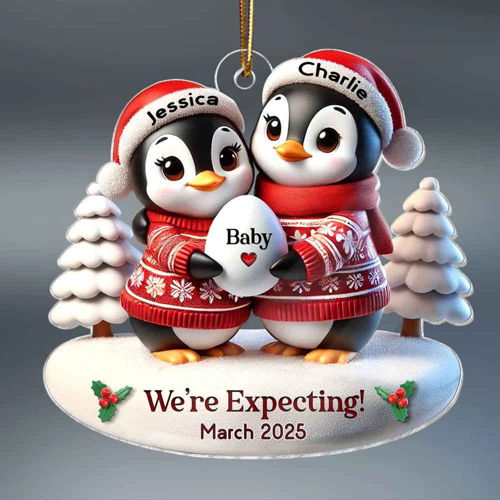 Custom Penguin Couple Acrylic Ornament for Parents-to-Be, Heartwarming Holiday Keepsake and Creative Baby Reveal Gift